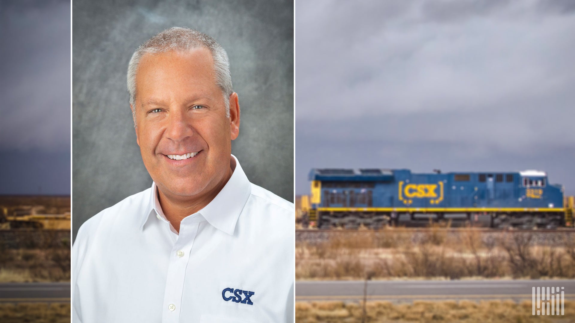 A portrait of a man on the left wearing a shirt that says CSX. On the right is a photo of a train locomotive.