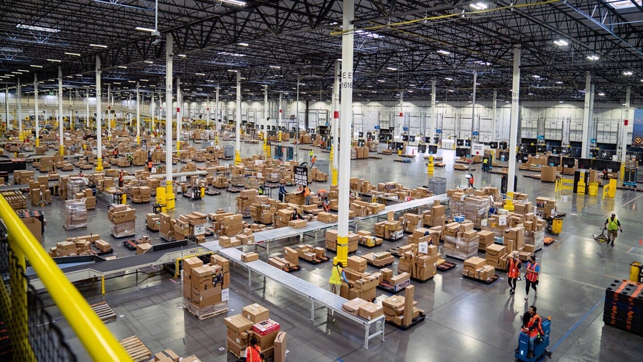 Interior of an Amazon distribution warehouse.