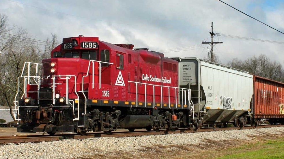 A Delta Southern Railroad train on tracks