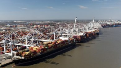 Large cranes help unload an ocean vessel of its containers.