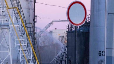 Oil refinery fire in Ukraine.