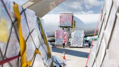 Photo taken between air cargo containers on the tarmac looking at side of a jetliner with containers being lifted into hold.