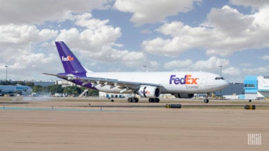 An Airbus A300-600 freighter lands at Alliance Airport in Fort Worth, Texas. FedEx pilots are wrangling with the company over a new contract. (Photo: Jim Allen/FreightWaves)