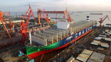 photo of a container ship newbuild under construction