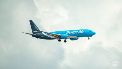 A powder-puff blue Amazon cargo jet in landing approach against cloudy sky.