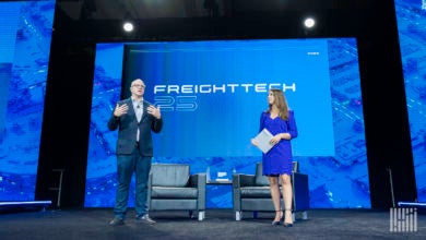 FreightWaves CEO and founder Craig Fuller presents the FreightTech 25 alongside Senior Meteorologist Kaylee Nix. (Photo: Jim Allen)