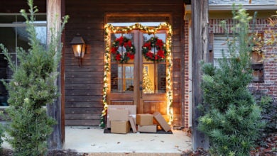 Boxes on porch decorated for the holidays