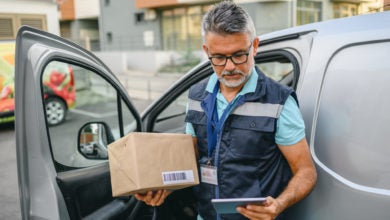 Driver gets out of van with package, looks at tablet