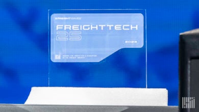 A 2023 FreightTech 25 trophy is seen on stage during the award ceremony in Chattanooga, Tenn., on Nov. 3.