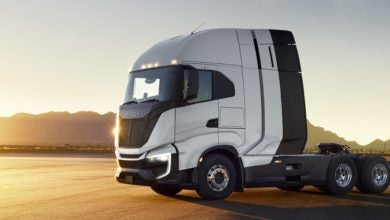 White Nikola fuel cell electric truck side view