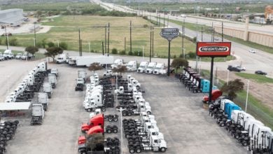 Aerial view of Freightliner trucks