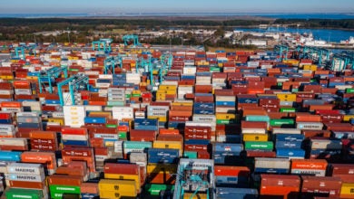 Hundreds of intermodal containers lay waiting at a yard at the Port of Virginia.