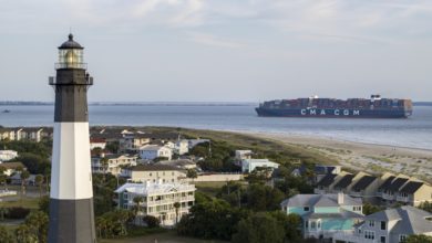 a photo of a ship off Savannah; container imports still strong