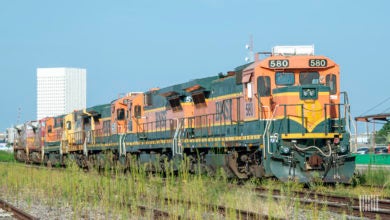 A BNSF train passes travels across a field.