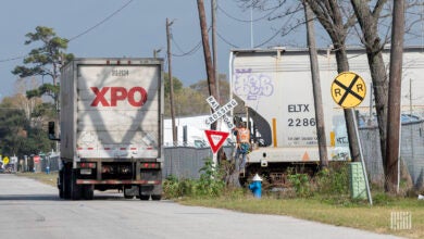 An XPO truck passing a rail crossing