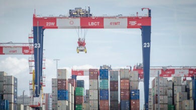 Containers being lifted at Port of Los Angeles