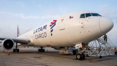 A front-angle view of a white Latam Cargo jet.