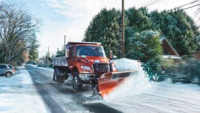 International MV snowplow in action