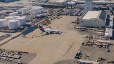 Aerial view of the FedEx maintenance hangar at an airport.