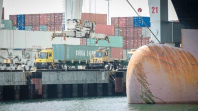 Containers being lifted at the Port of Los Angeles