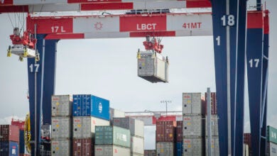 Containers being lifted at Port of Los Angeles