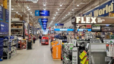 A view of the aisle in a Lowe's retail store.