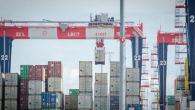 Containers being lifted at Port of Long Beach