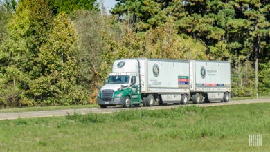 Old Dominion tractor pulling two LTL trailers