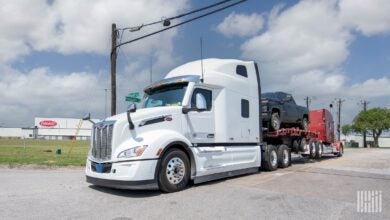 White Peterbilt Model 579 outside Peterbilt plant in Denton, Texas