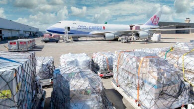 A China Cargo Airlines jumbo jet freighter with light blue and pink trim parked at an airport with cargo pallets in the foreground.