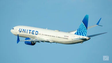 A United Airlines plane with blue tail flies into the sky, as seen from behind.