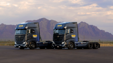 Two J.B. Hunt-badged Nikola electric trucks