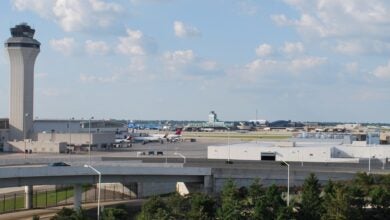 View of Detroit airport terminal and control tower.