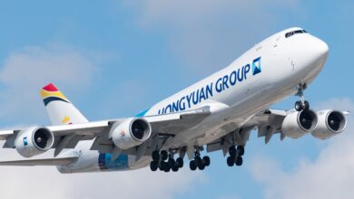 A white jumbo jet with light blue lettering, "Hongyuan Group" approaches an airport with wheels down.