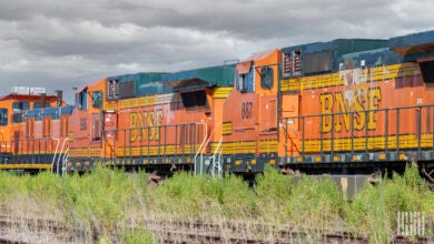 BNSF locomotives parked at a rail yard.