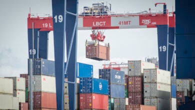 Containers being lifted at the Port of Los Angeles