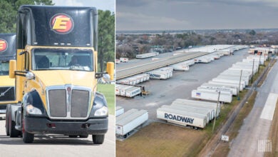 A split screen with an Estes Truck and a Yellow terminal