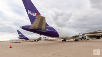 Rear view of purple-tail FedEx cargo jets.