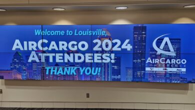 Blue sign for AirCargo 2024 conference