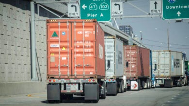 Trucks in line at Port of Long Beach.