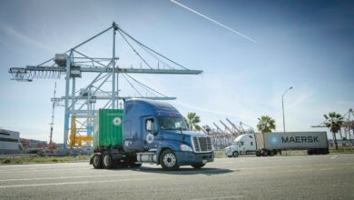 Trucks outside seaport container yard