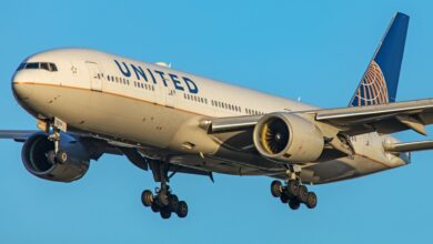 A blue-tailed United Airlines jet approaches runway with wheels down.