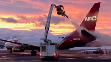 A red-tailed NAC plane gets sprayed from vehicle with anti-icing fluid with pink hue and clouds in background.