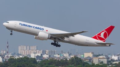 A red-tailed Turkish Cargo jet takes off.