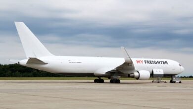 A white My Freighter freighter on the tarmac on a cloudy day.