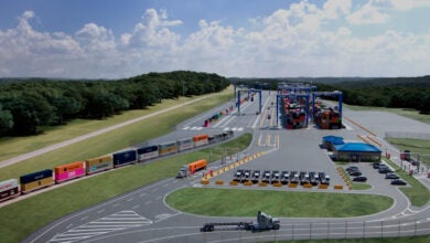 Rendering of Blue Ridge Connector intermodal terminal showing railroad tracks, trains, trucks and container cranes.