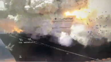 Screengrab from video showing explosion aboard container ship.