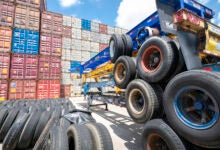 Stacked containers and chassis at the Port of Houston