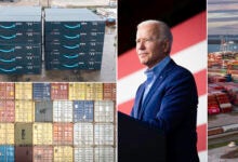 Image shows shipping containers and President Joe Biden