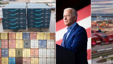 Image shows shipping containers and President Joe Biden